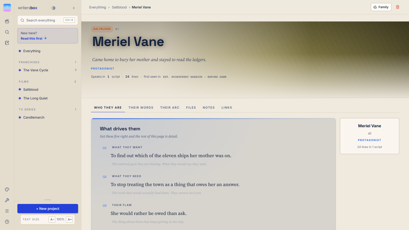 A character page in WritersBox with a photograph and sections for what they
                    want, what they need and what the wound was.