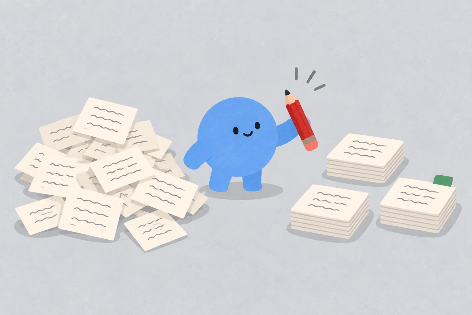 A small blue helper who has just sorted a messy pile of index cards
