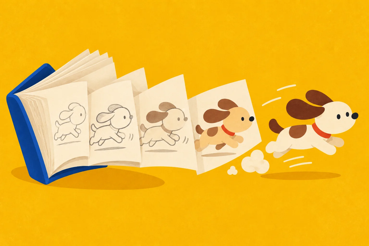 A puppy running out of a flip book, from pencil sketch to full colour