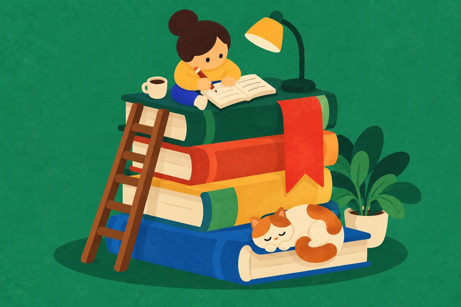 A writer at work on top of a tower of books, with a cat asleep below