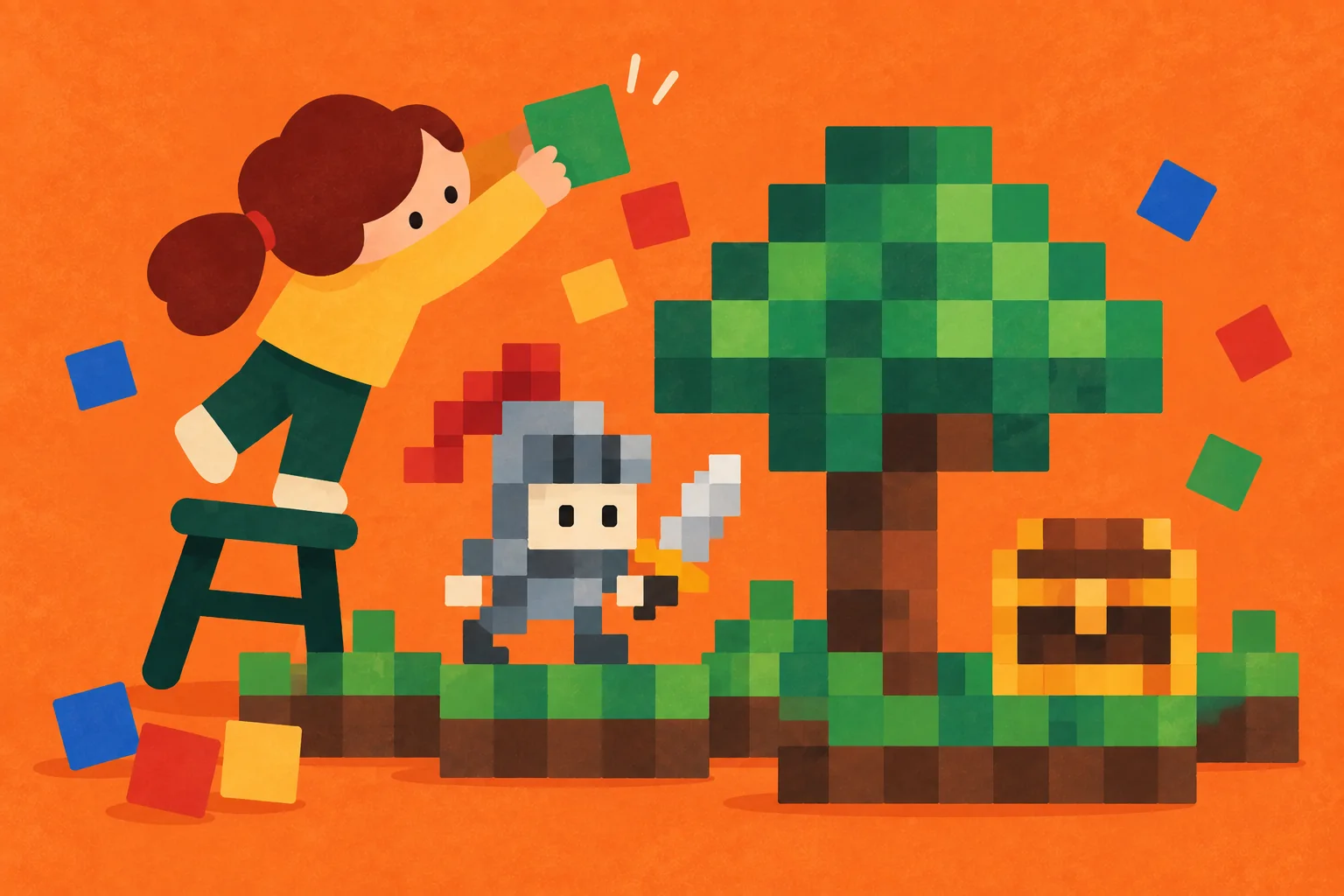 An artist placing one giant pixel into a pixel knight’s world