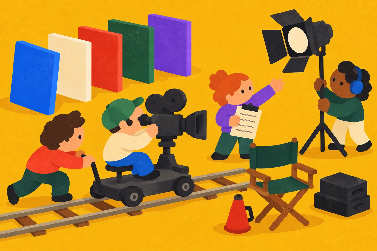 A small crew rolling a camera on a dolly past a stripboard