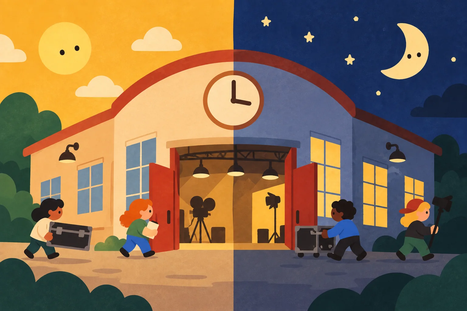 A film studio that is half in daylight and half at night, with the crew coming and going