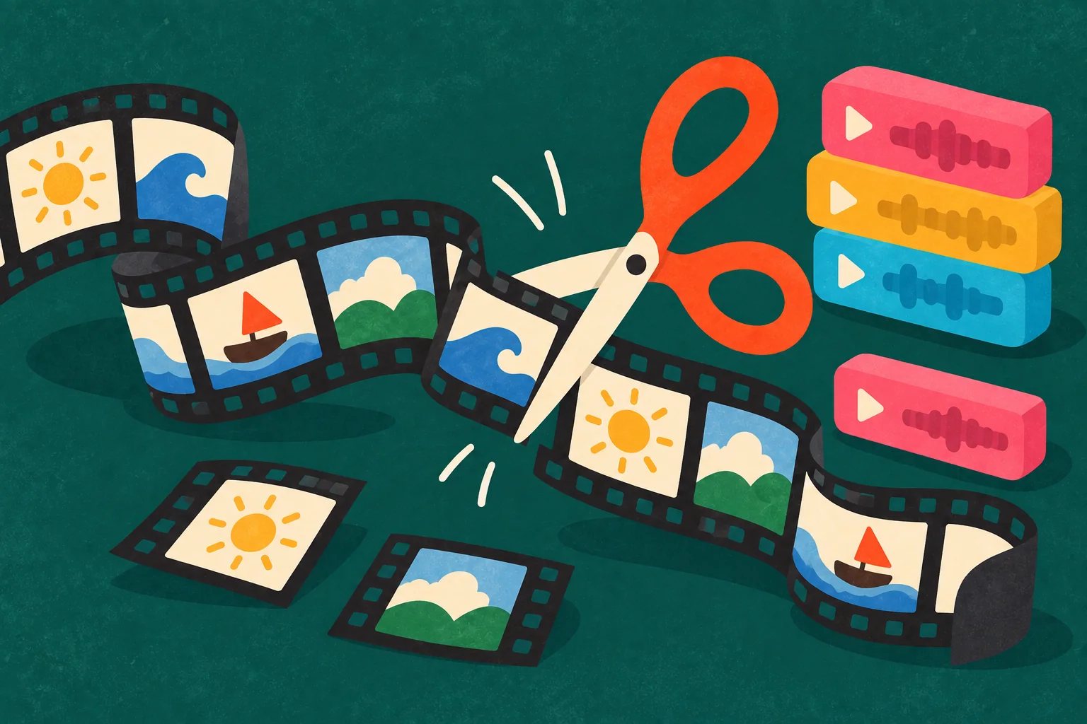 A film strip curling across the picture, snipped by a pair of scissors
