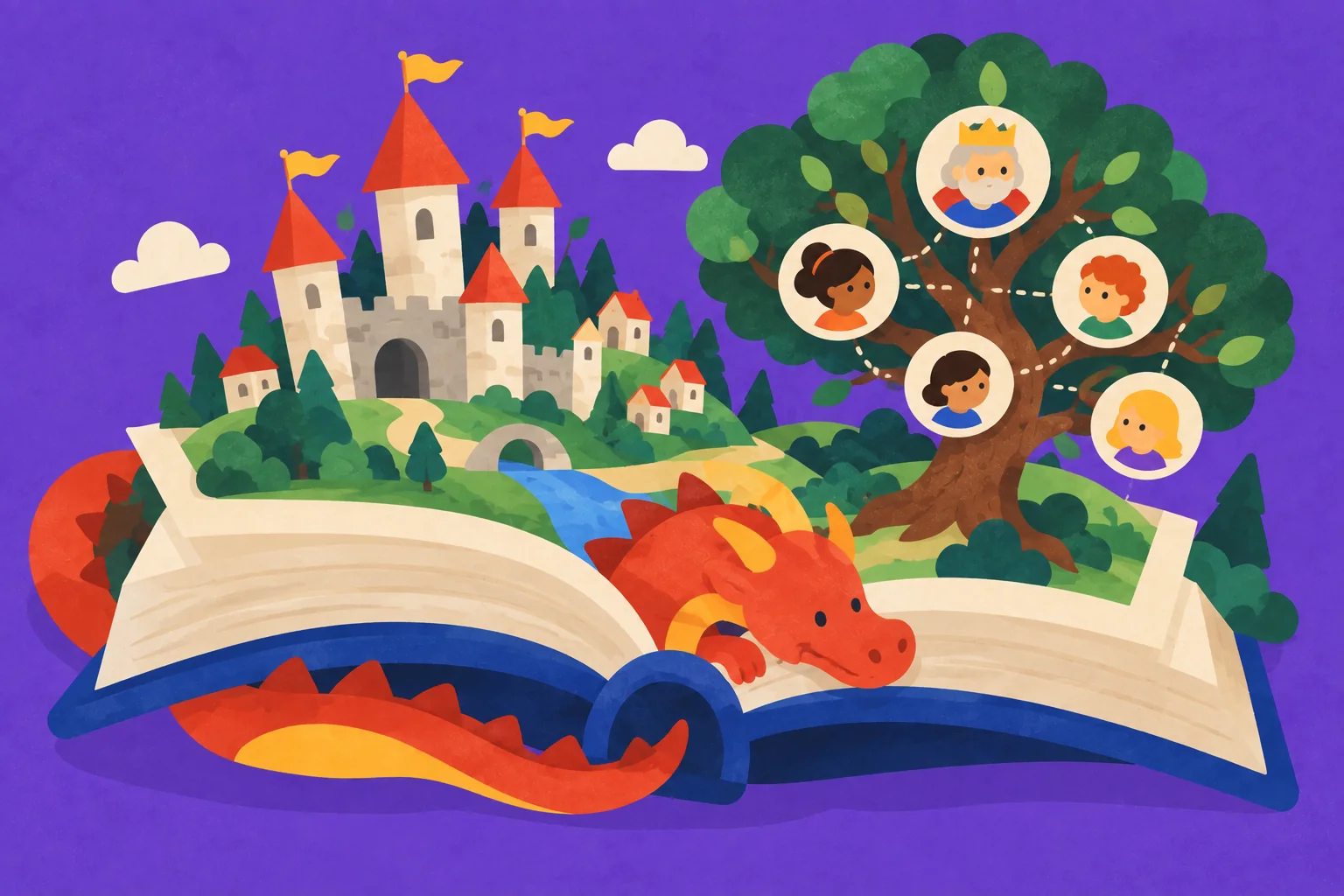 A kingdom popping up out of an open book, with a family tree and a dragon