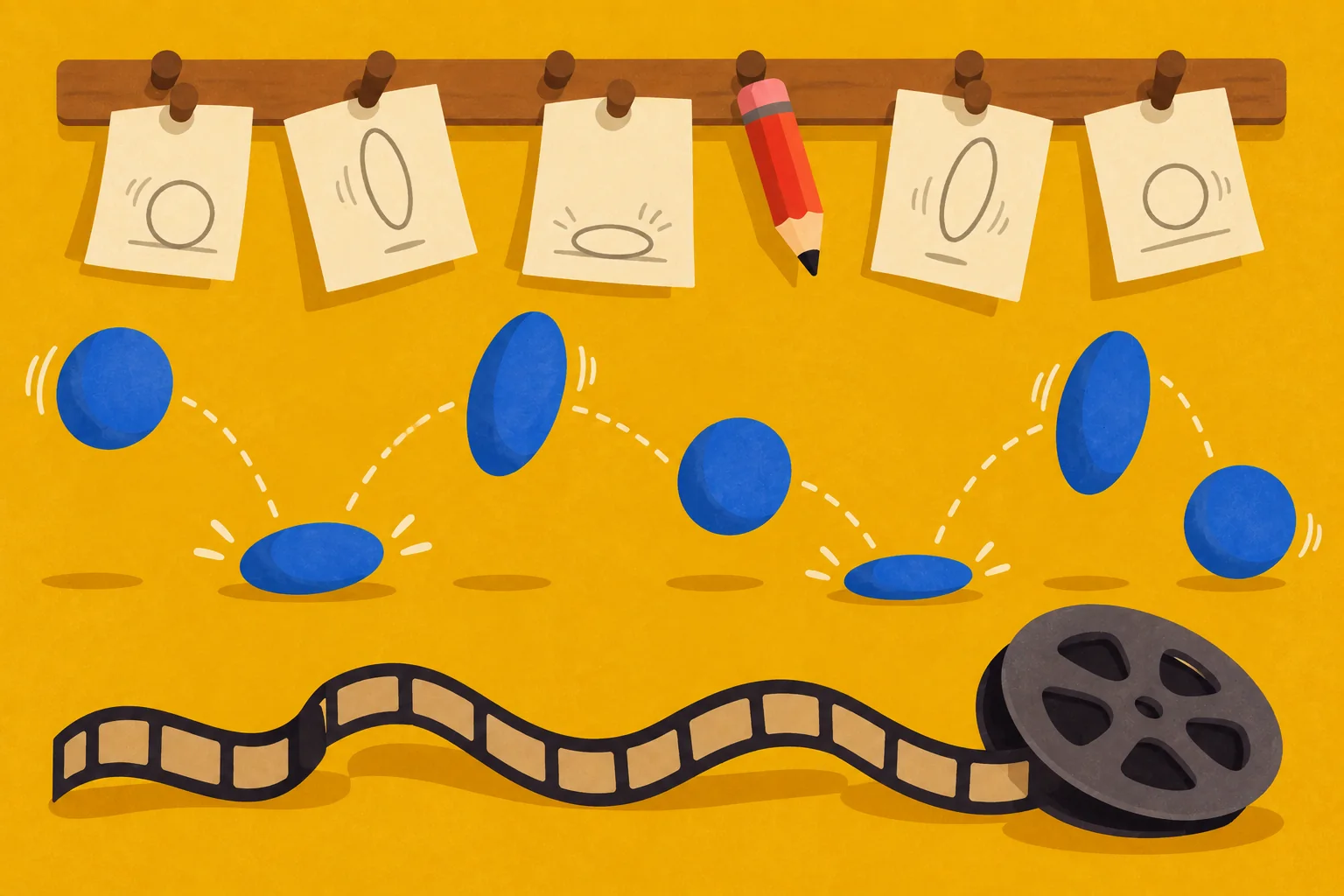 A blue ball bouncing across the picture in frames, squashing as it lands
