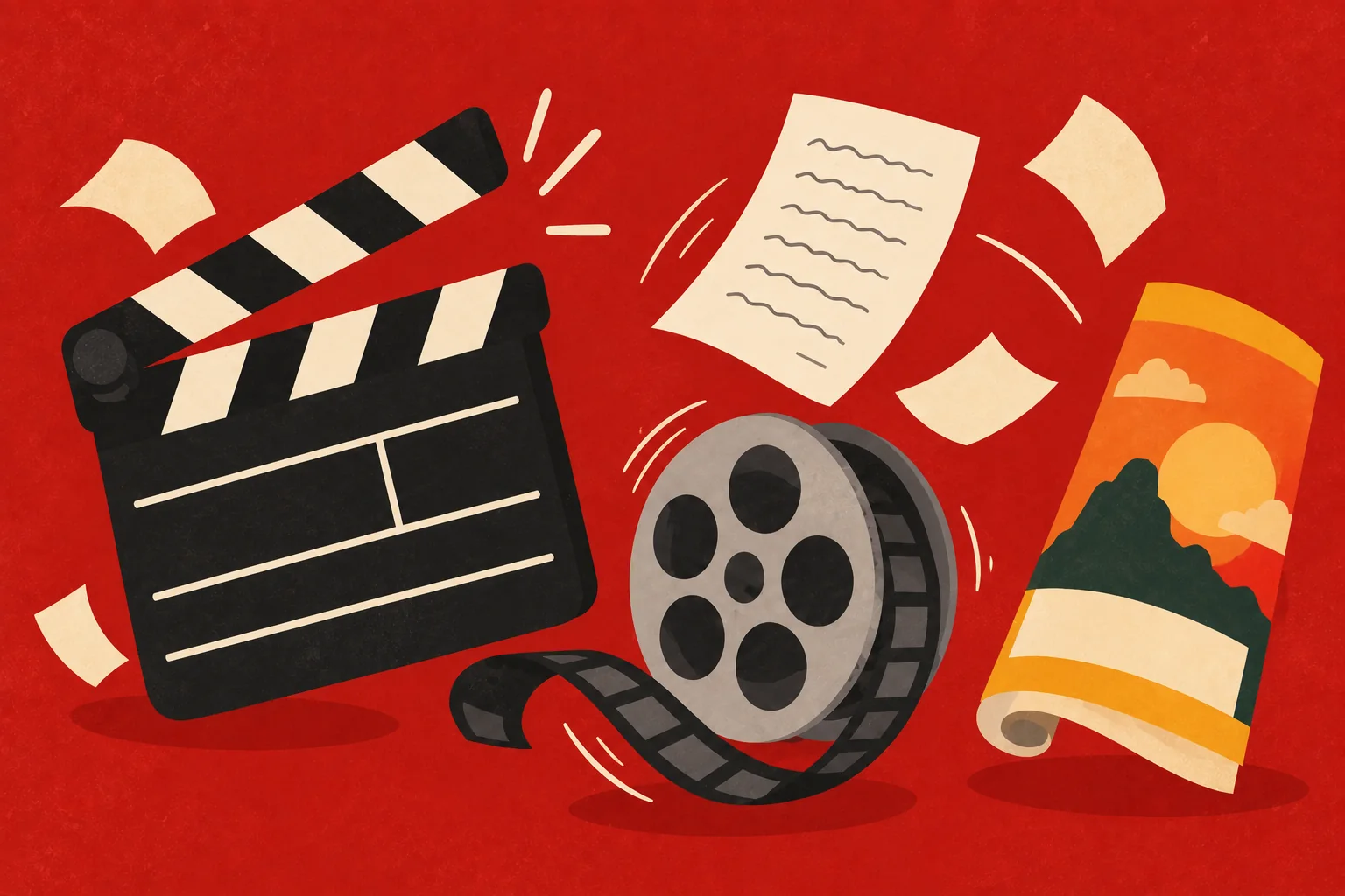 A clapperboard snapping shut beside a script, a film reel and a rolled up poster