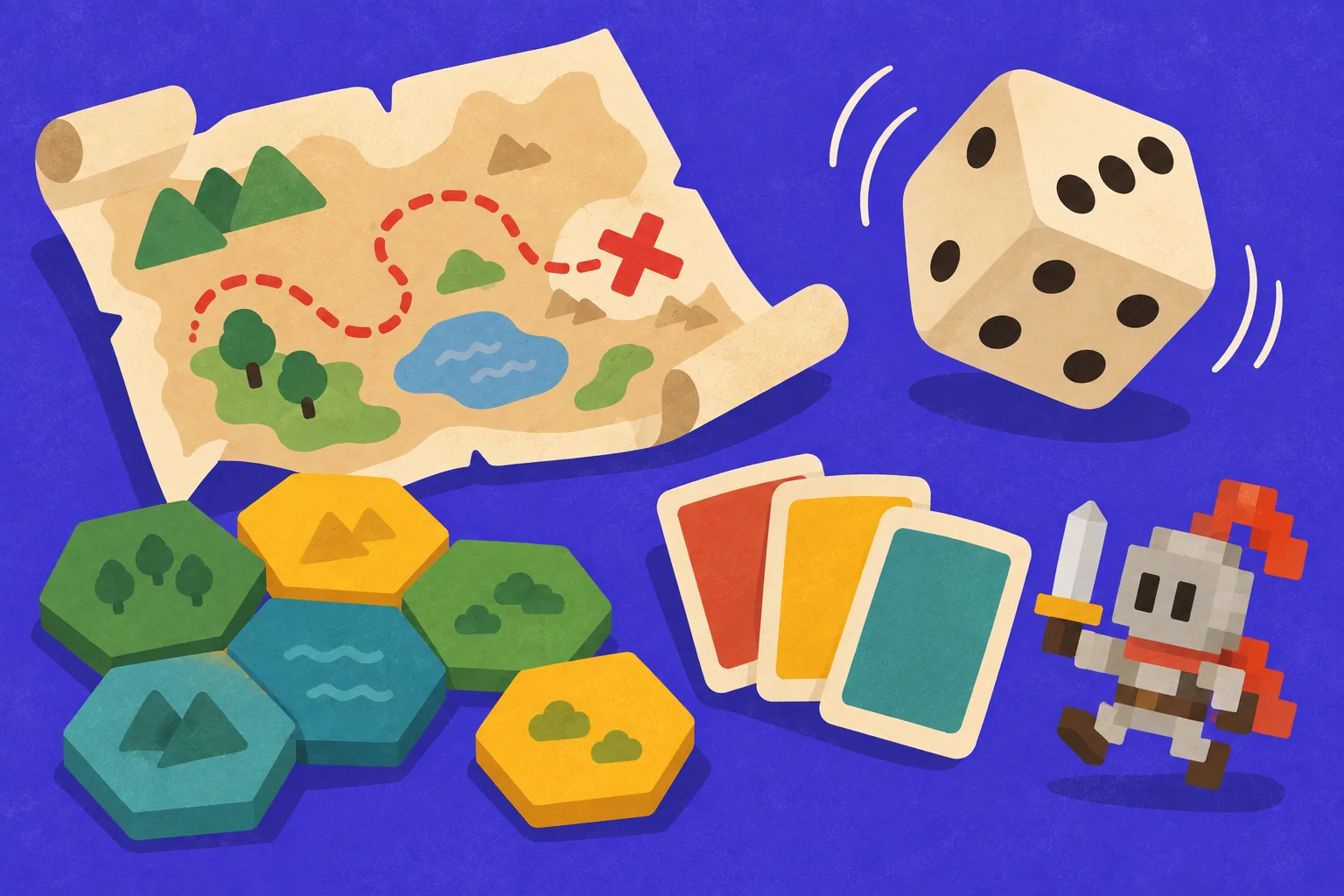 A treasure map, hexagon tiles, a rolling die and a small pixel knight
