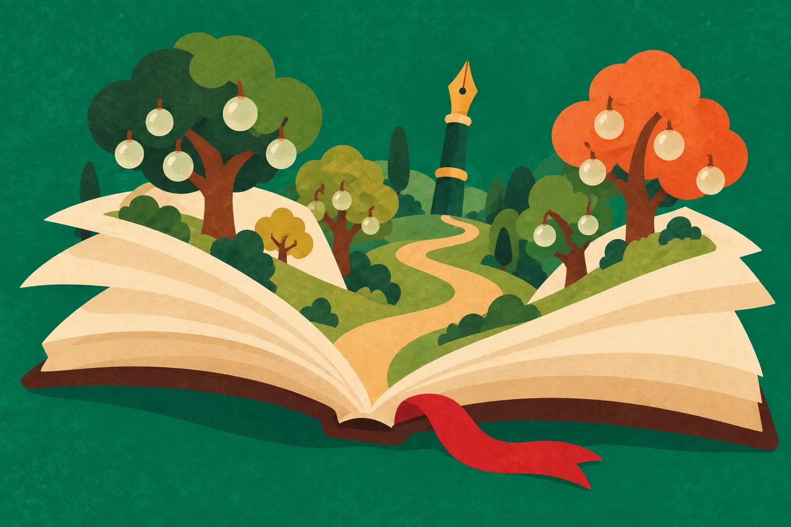 An open book with a forest and a winding path growing out of its pages