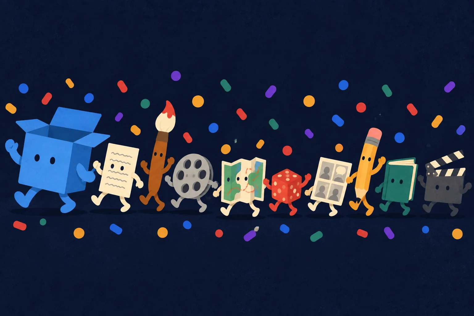 A parade of storytelling tools led by the open blue box