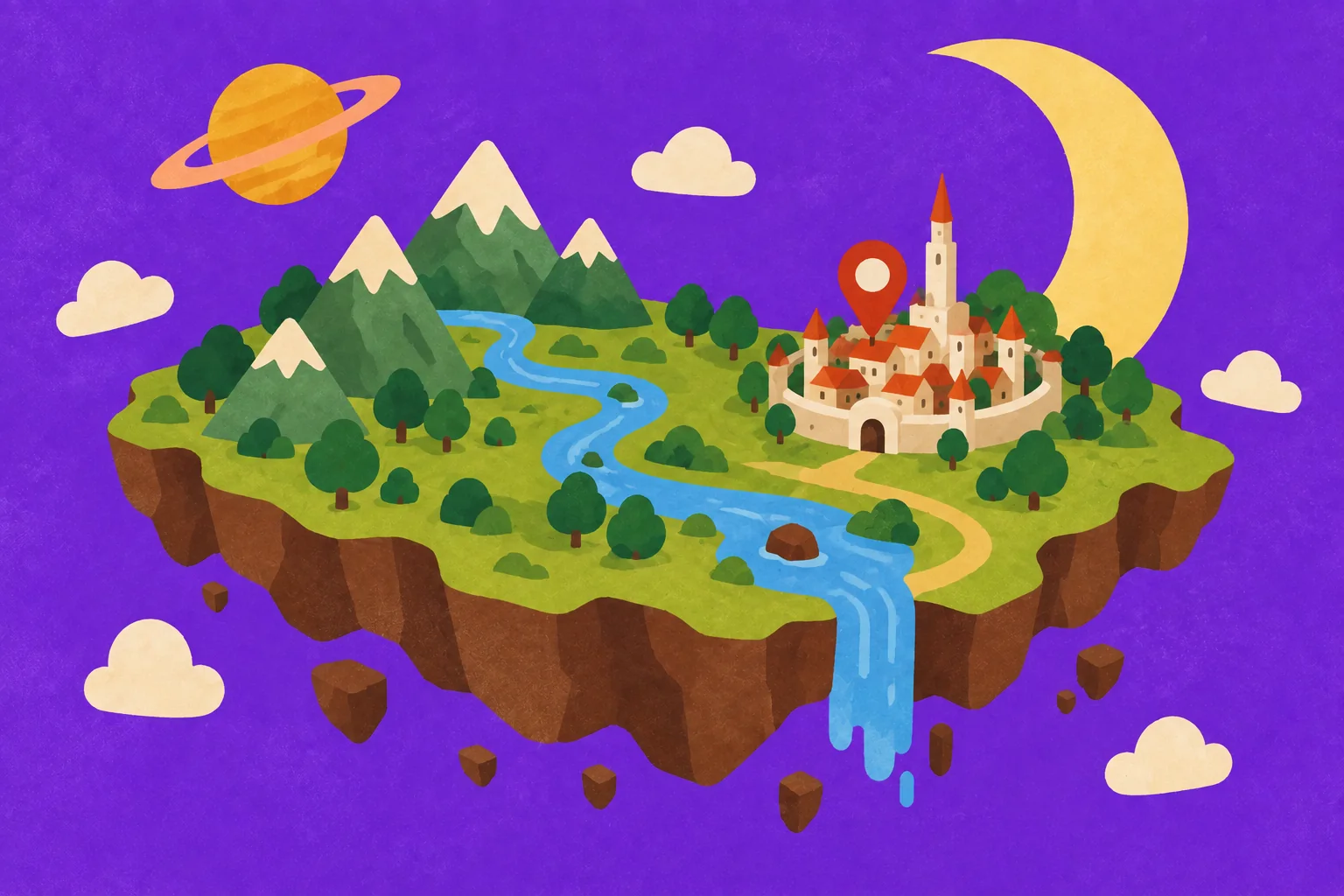 A floating island with mountains, a river and a walled city under a crescent moon