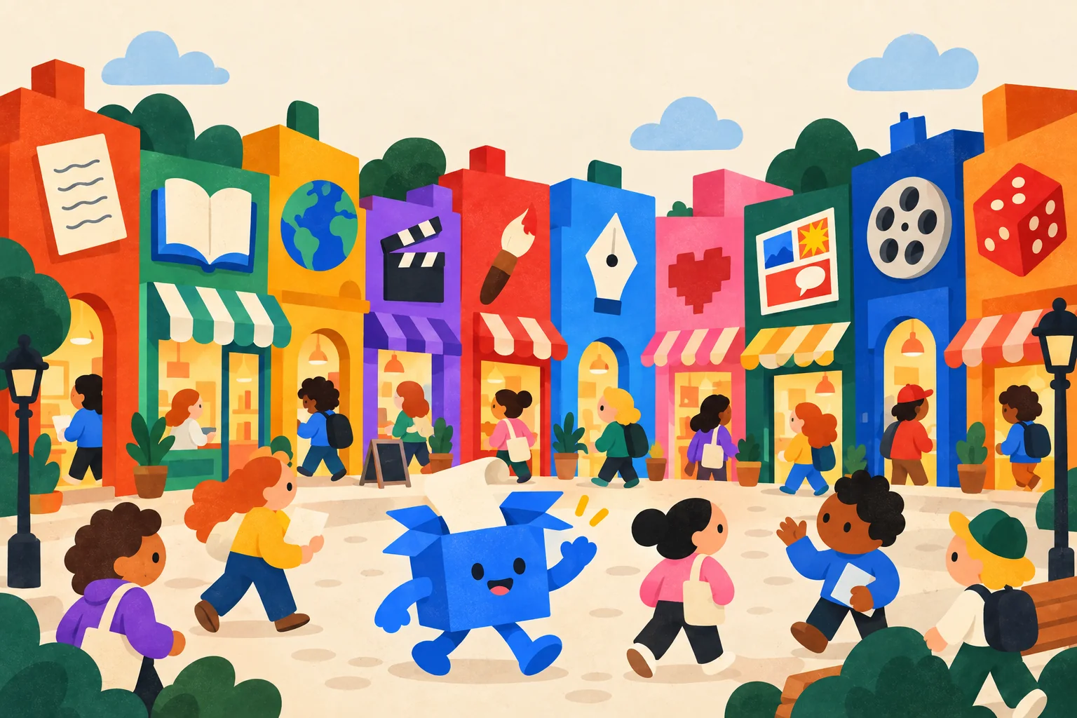 A street of colourful little workshops, one for every kind of maker, with the blue box walking by