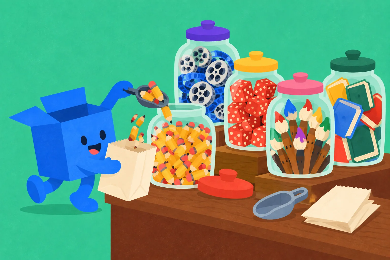 A pick and mix shop of creative tools, with the blue box scooping from a jar
