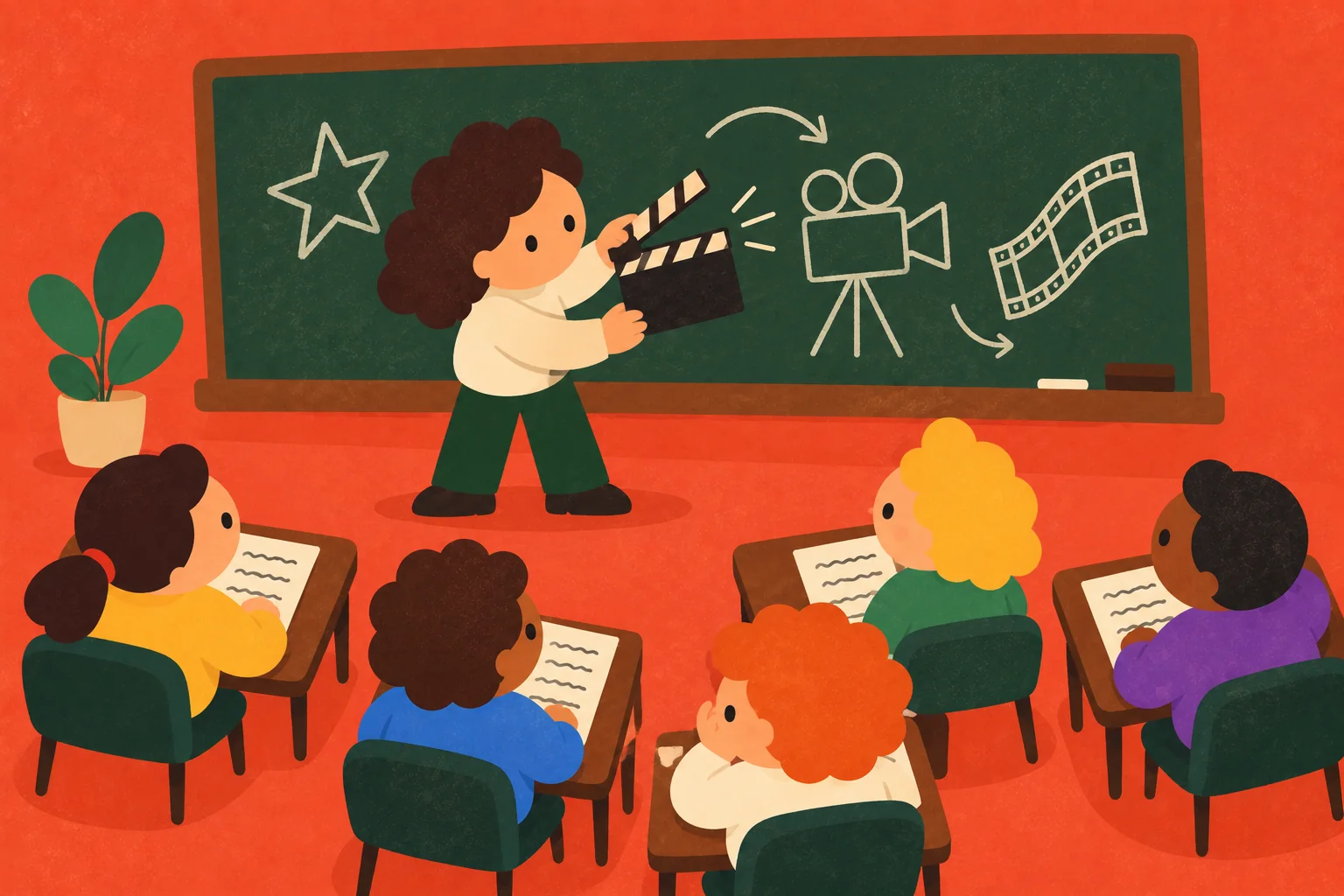 A cartoon film school class, with a teacher holding up a clapperboard