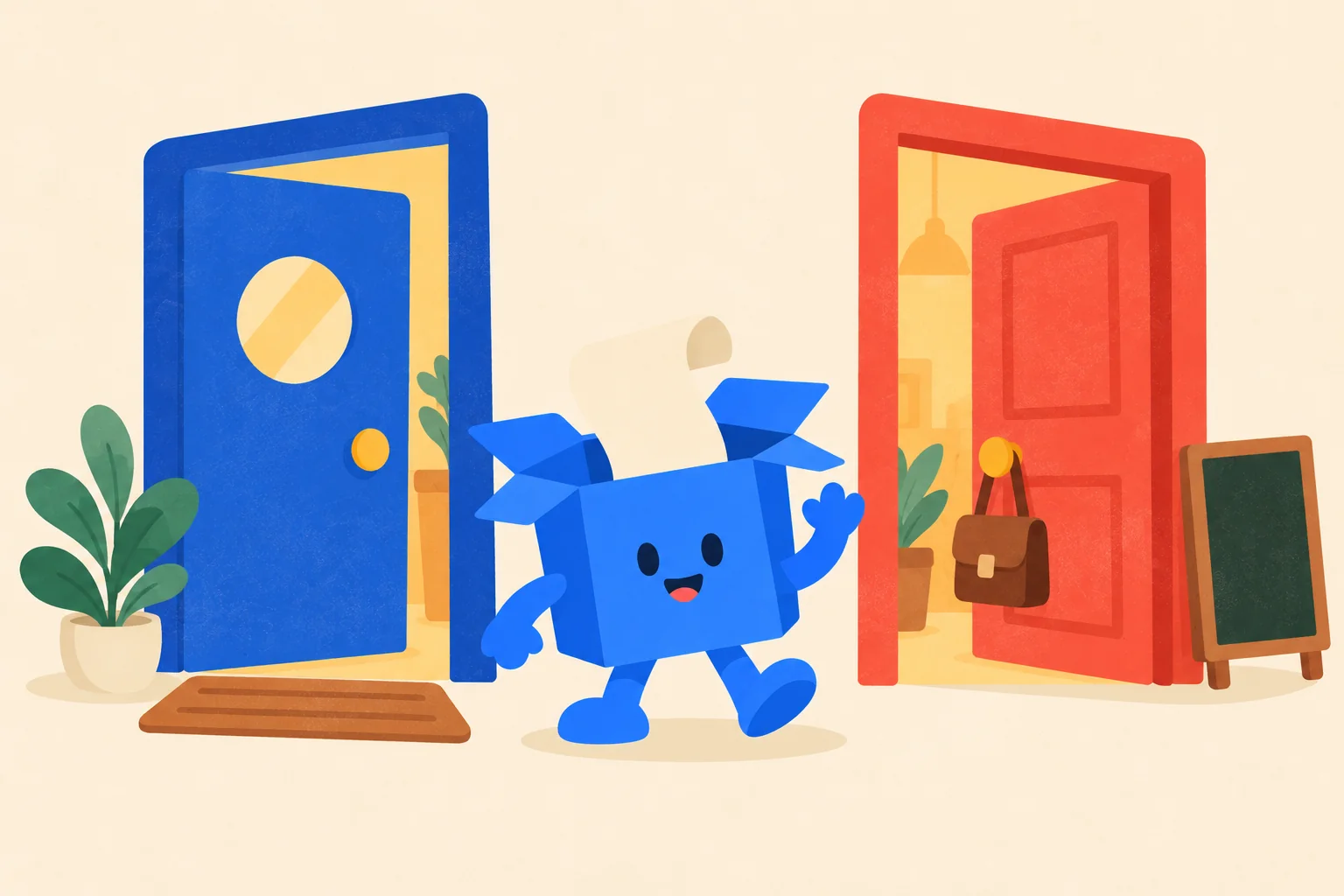 A blue door and a coral door side by side, with the blue box waving between them