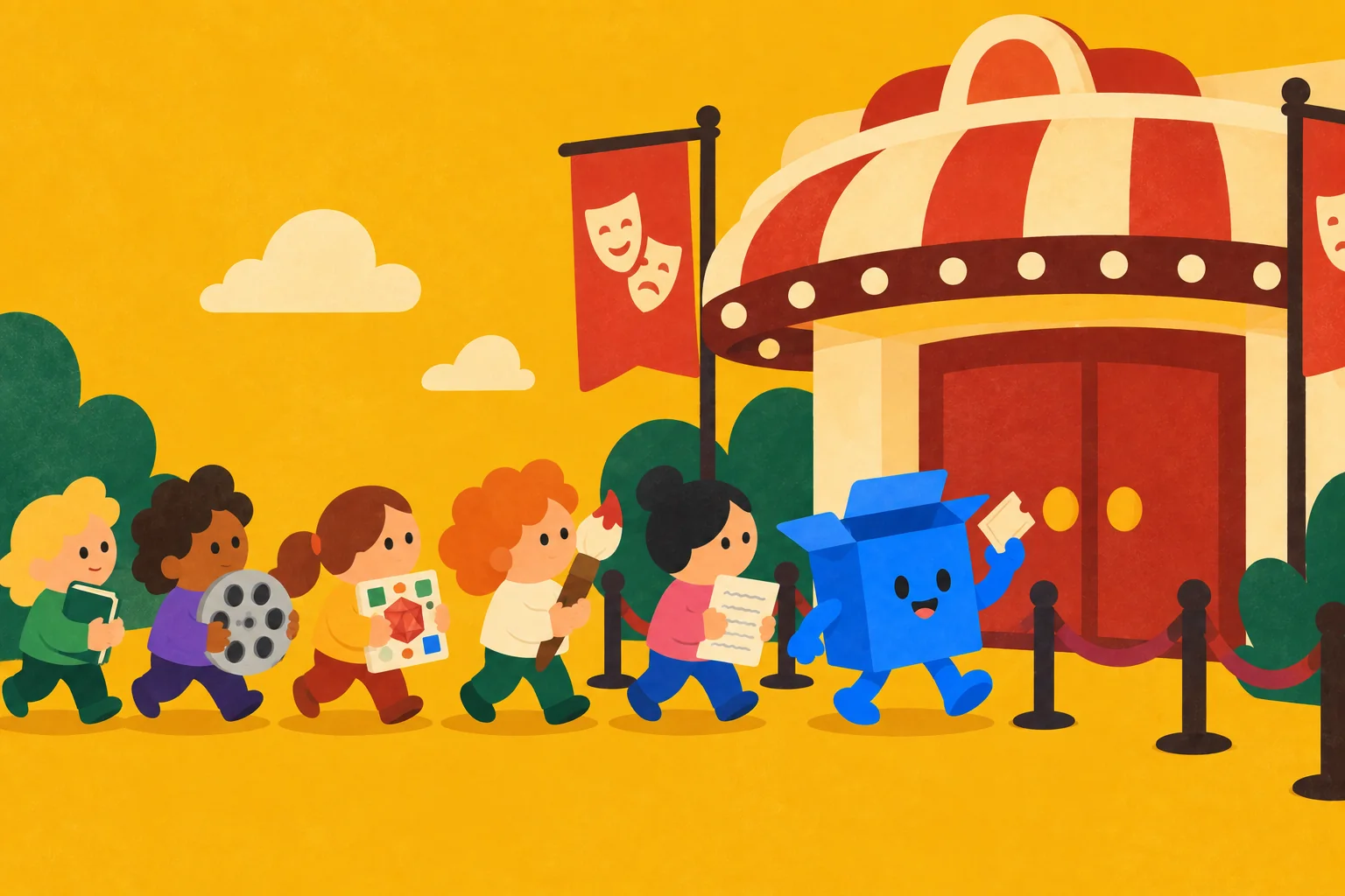 Makers queueing happily outside a little theatre, with the blue box at the front holding a ticket