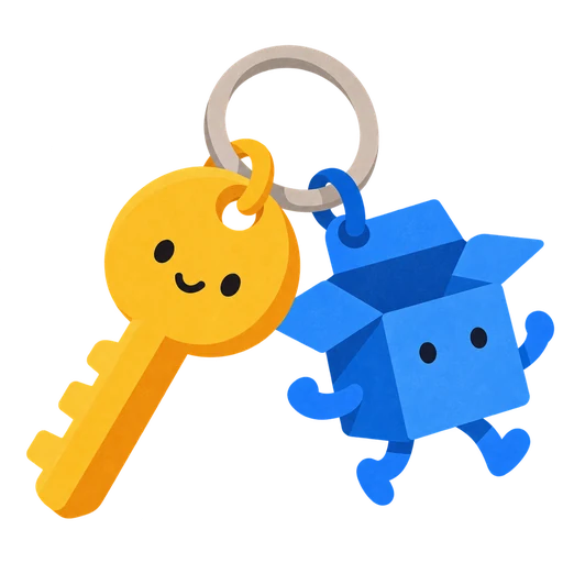 A smiling key on a ring beside a little blue box keyring