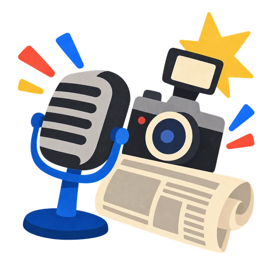 A microphone, a camera flash and a rolled newspaper