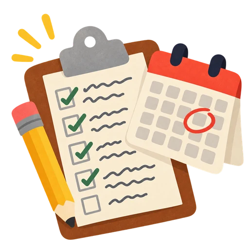 A clipboard of ticks beside a calendar with one day circled