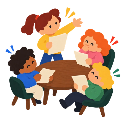 Students around a table, one reading aloud with an arm raised