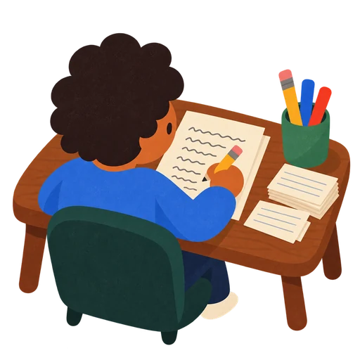 A student at a desk, writing a screenplay page