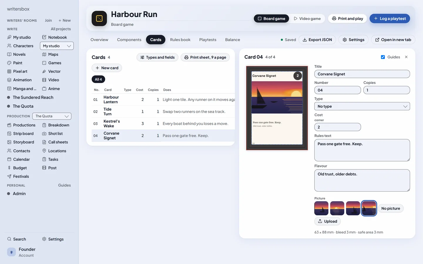 Game planner in WritersBox, with sample work made in it