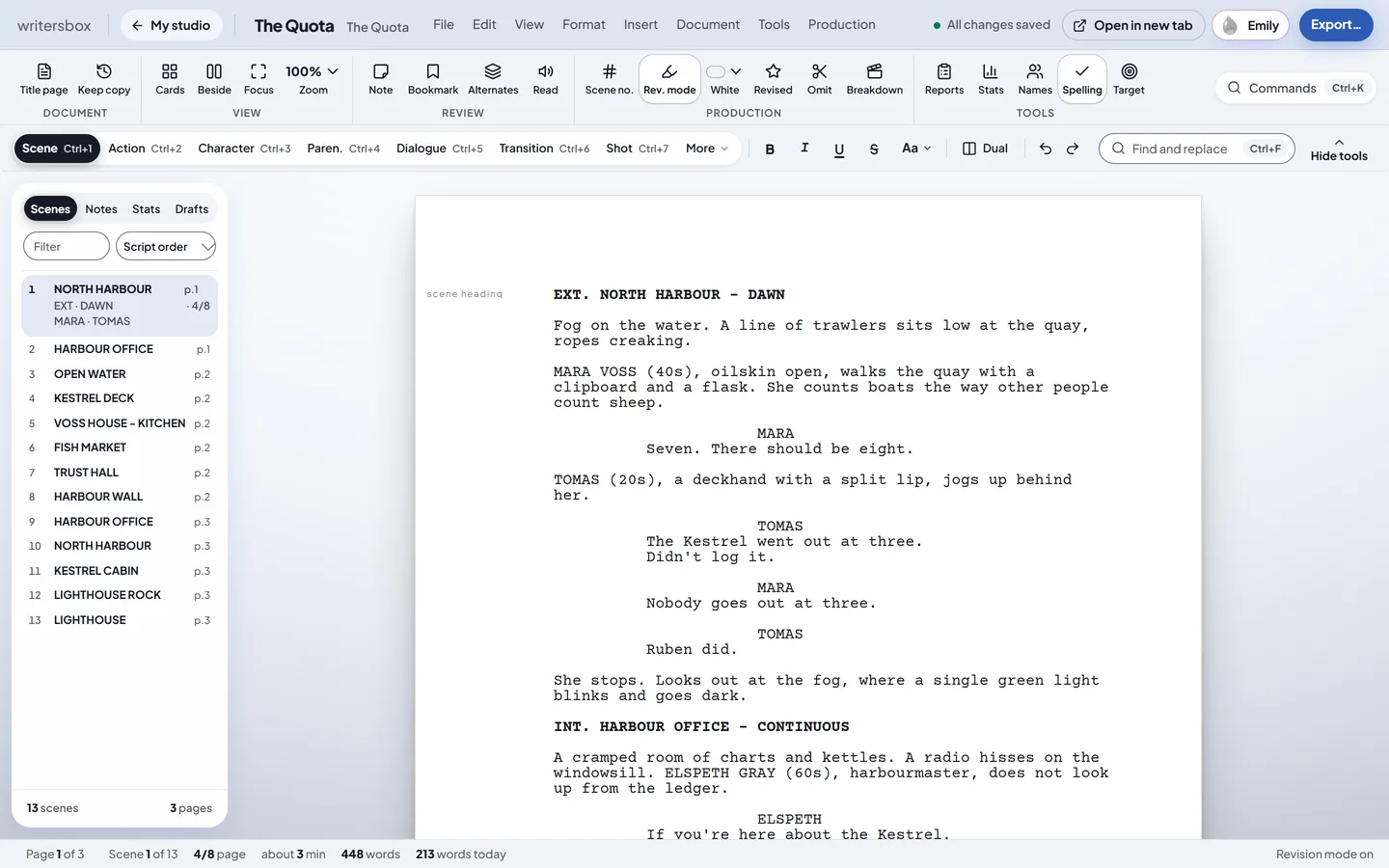 Script writing in WritersBox, with sample work made in it