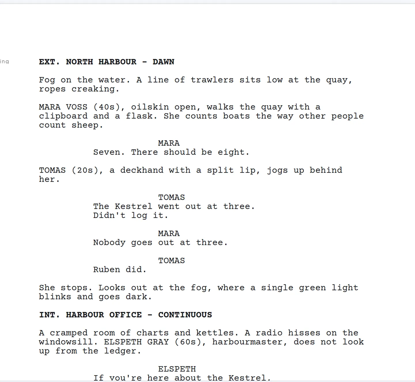 A screenplay page as students write it: the opening scene of a pilot called The Quota